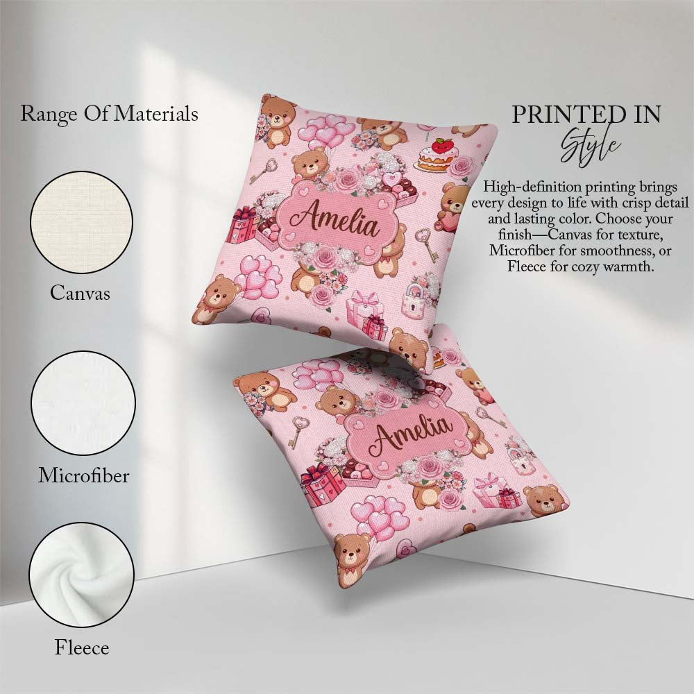Custom Name Cute Teddy Bears Hearts Balloons Gifts Pink Seamless Square Filled Cushion Throw Pillow Sofa Bed Home Decor Zip Washable UK Made