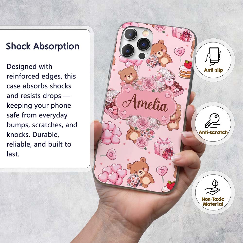 Cute Teddy Bears Hearts Balloons Printed Design Custom Name Protective Phone Case Mobile Cover Durable Everyday Smartphone Shock Resistant