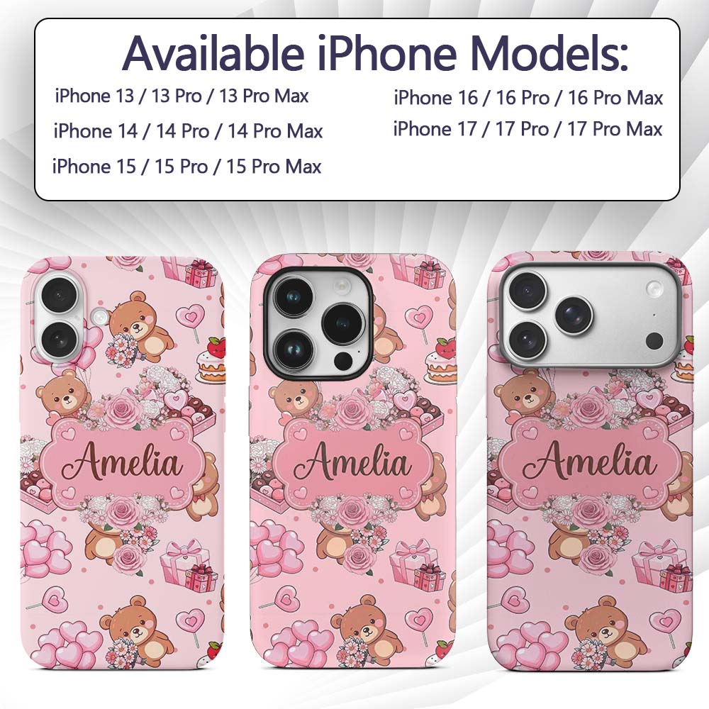 Cute Teddy Bears Hearts Balloons Printed Design Custom Name Protective Phone Case Mobile Cover Durable Everyday Smartphone Shock Resistant
