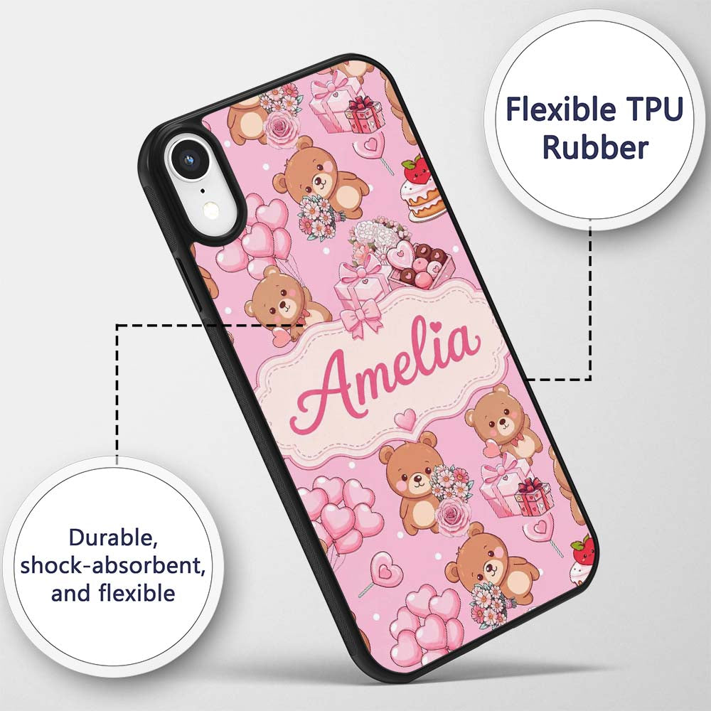 Cute Teddy Bears Hearts Balloons Gifts Blush Pink Custom Name Protective Phone Case Mobile Cover Durable Everyday Smartphone Shock Resistant