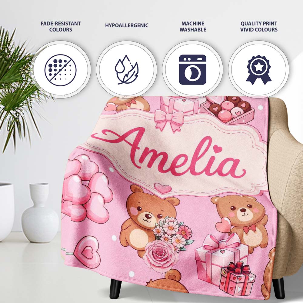 Cute Teddy Bears Hearts Balloons Gifts Blush Pink Seamless Pattern Personalised Custom Name Super Soft Fleece Blanket Bed Sofa Throw