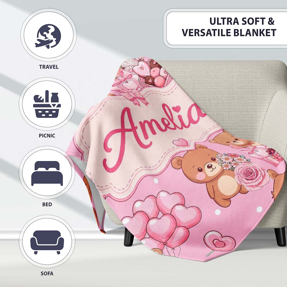 Cute Teddy Bears Hearts Balloons Gifts Blush Pink Seamless Pattern Personalised Custom Name Super Soft Fleece Blanket Bed Sofa Throw