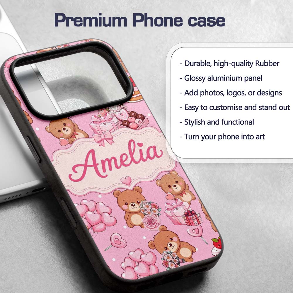 Cute Teddy Bears Hearts Balloons Gifts Blush Pink Custom Name Protective Phone Case Mobile Cover Durable Everyday Smartphone Shock Resistant