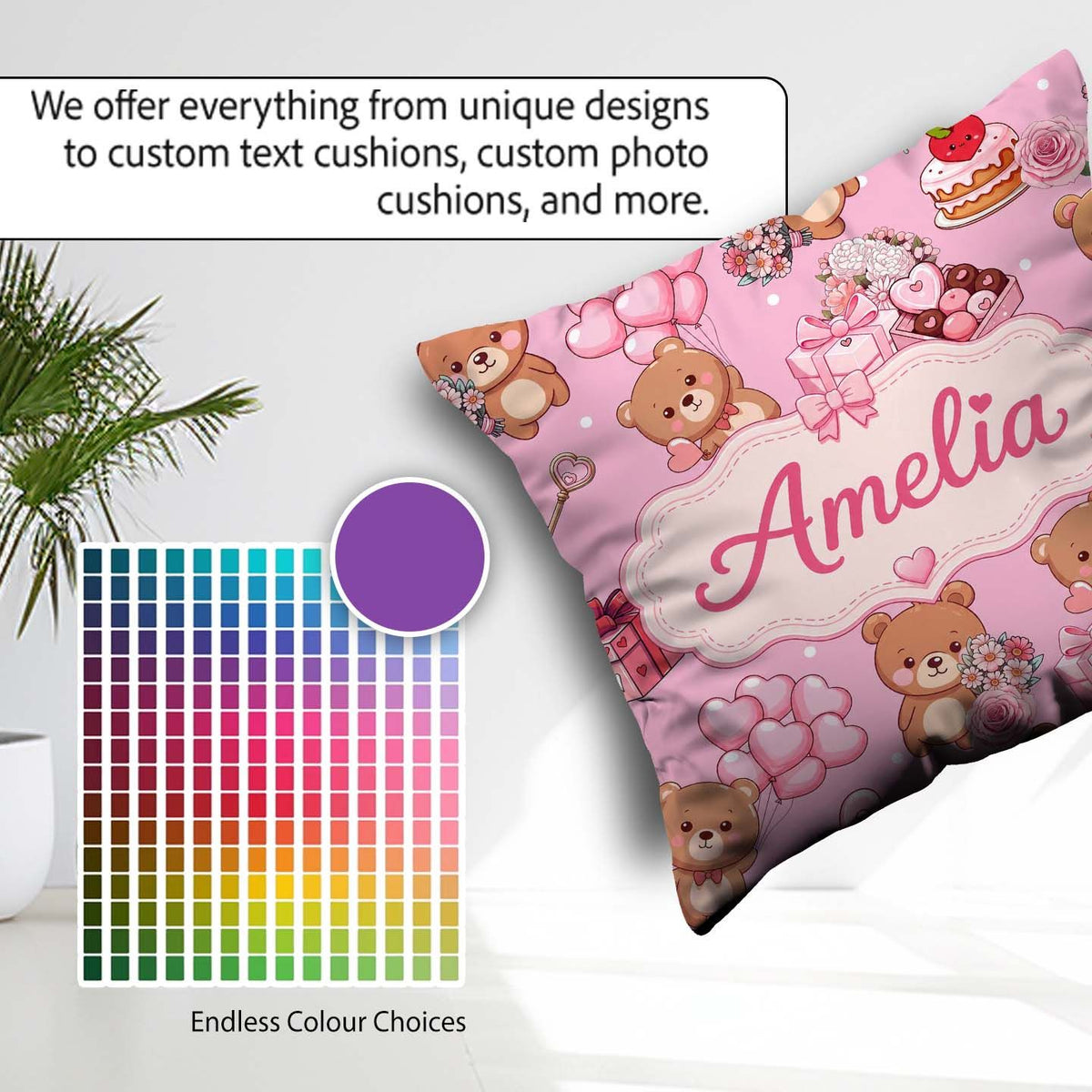 Custom Name Teddy Bears Hearts Balloons Gifts Blush Pink Pattern Square Filled Cushion Throw Pillow Sofa Bed Home Decor Zip Washable UK Made