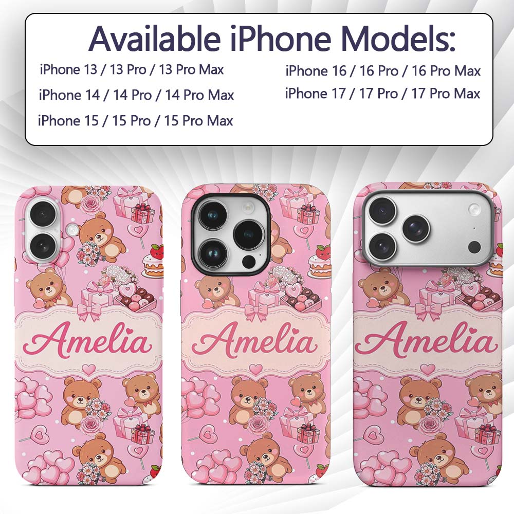 Cute Teddy Bears Hearts Balloons Gifts Blush Pink Custom Name Protective Phone Case Mobile Cover Durable Everyday Smartphone Shock Resistant
