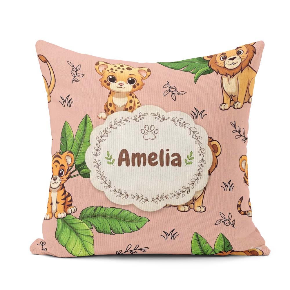 Custom Name Jungle Animals Lion Leopard Tropical Leaves Seamless Square Filled Cushion Throw Pillow Sofa Bed Home Decor Zip Washable UK Made