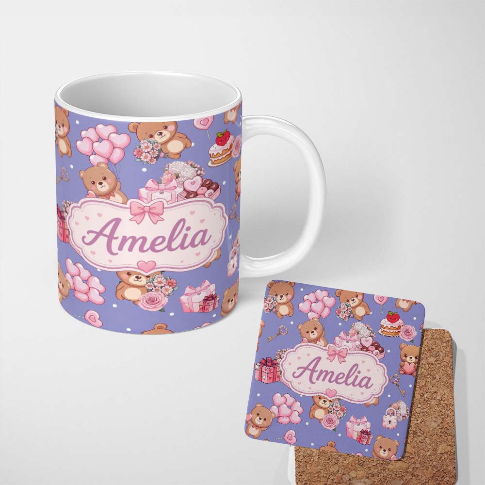 Personalized Custom Name Cute Teddy Bears Hearts Balloons Gifts Purple Background Seamless 11oz Ceramic Coffee Tea Mug White Large Handle