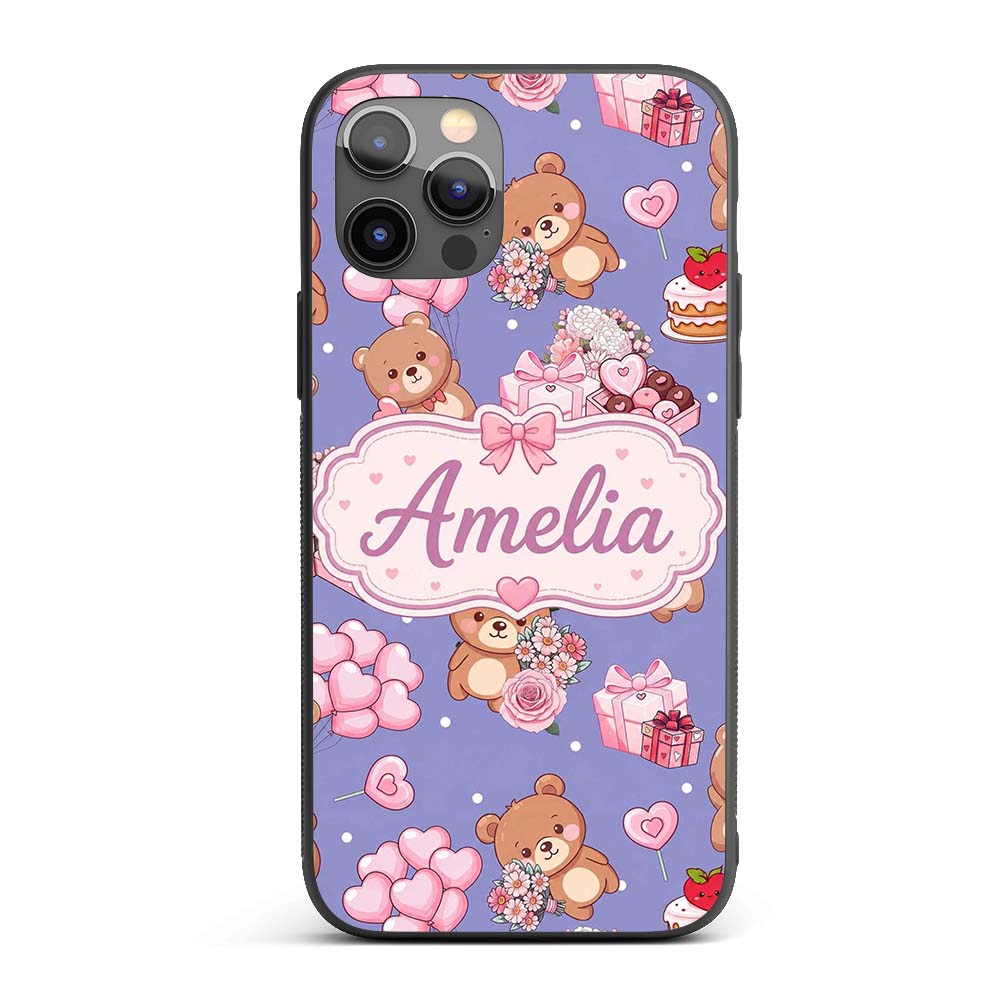 Cute Teddy Bears Hearts Balloons Gifts Purple Custom Name Protective Phone Case Mobile Cover Durable Everyday Smartphone Shock Resistant