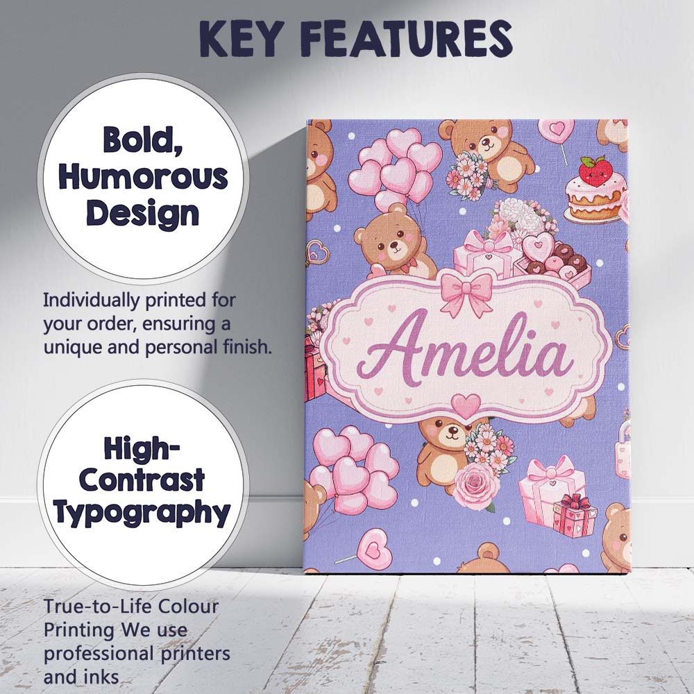 Personalised Name Cute Teddy Bears Hearts Custom Unique Gift Idea Elegant Feature Canvas Wall Art Print Decor Picture Ready to Hang