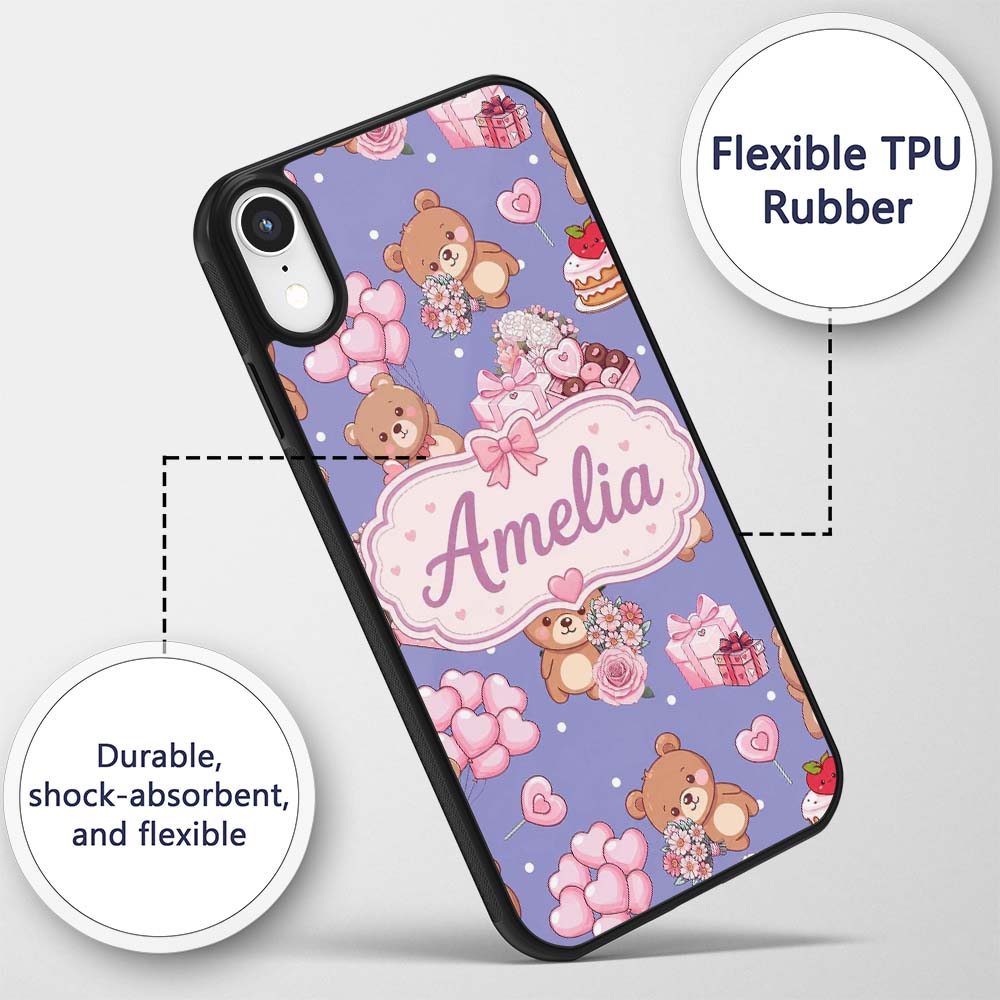 Cute Teddy Bears Hearts Balloons Gifts Purple Custom Name Protective Phone Case Mobile Cover Durable Everyday Smartphone Shock Resistant