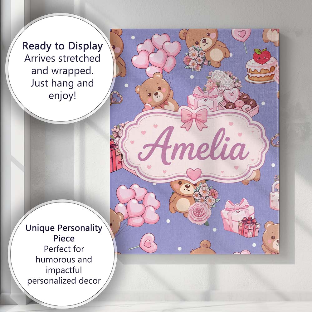 Personalised Name Cute Teddy Bears Hearts Custom Unique Gift Idea Elegant Feature Canvas Wall Art Print Decor Picture Ready to Hang