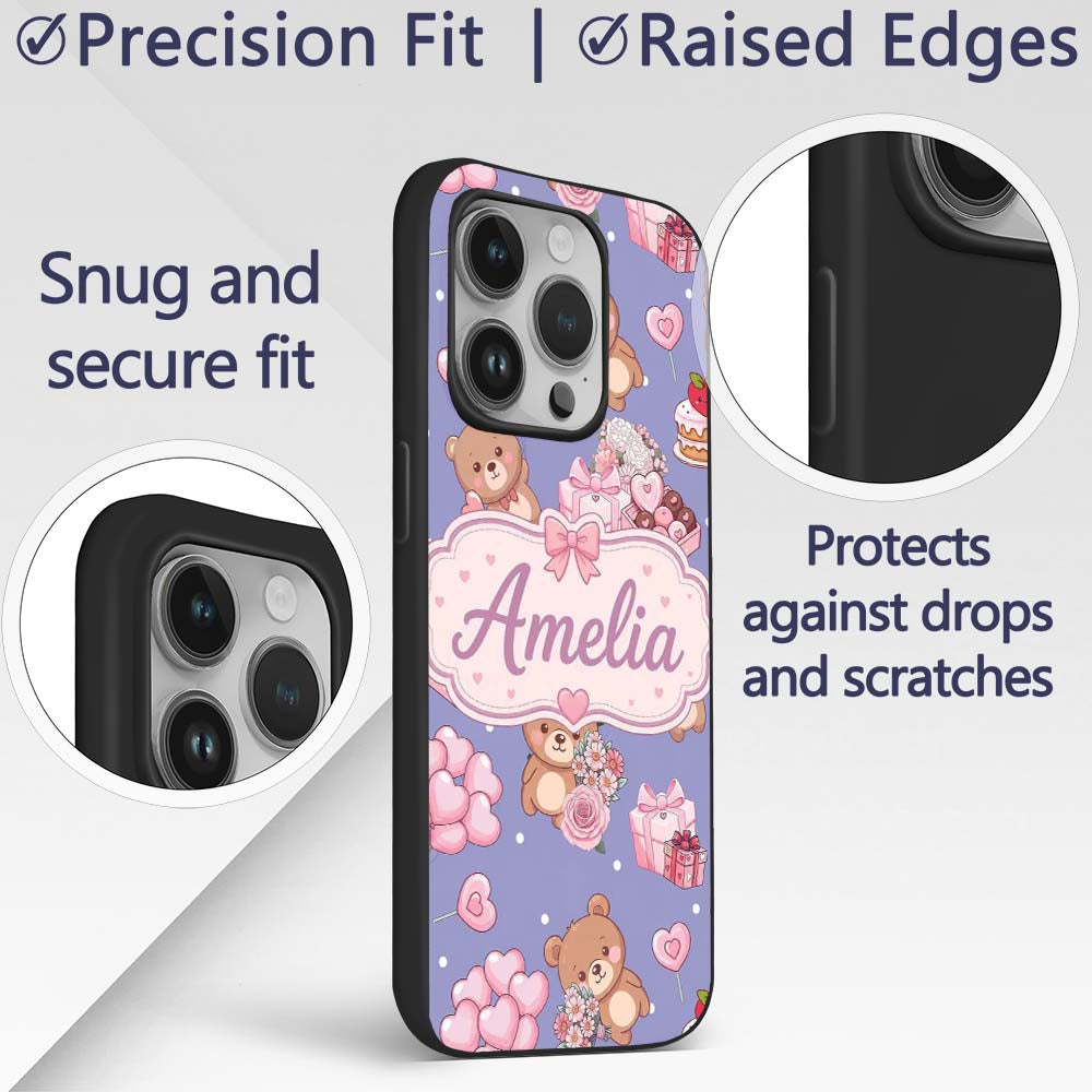 Cute Teddy Bears Hearts Balloons Gifts Purple Custom Name Protective Phone Case Mobile Cover Durable Everyday Smartphone Shock Resistant