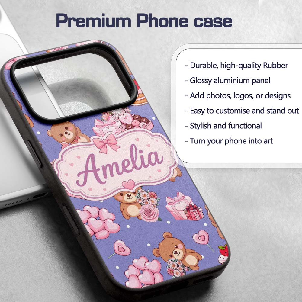 Cute Teddy Bears Hearts Balloons Gifts Purple Custom Name Protective Phone Case Mobile Cover Durable Everyday Smartphone Shock Resistant