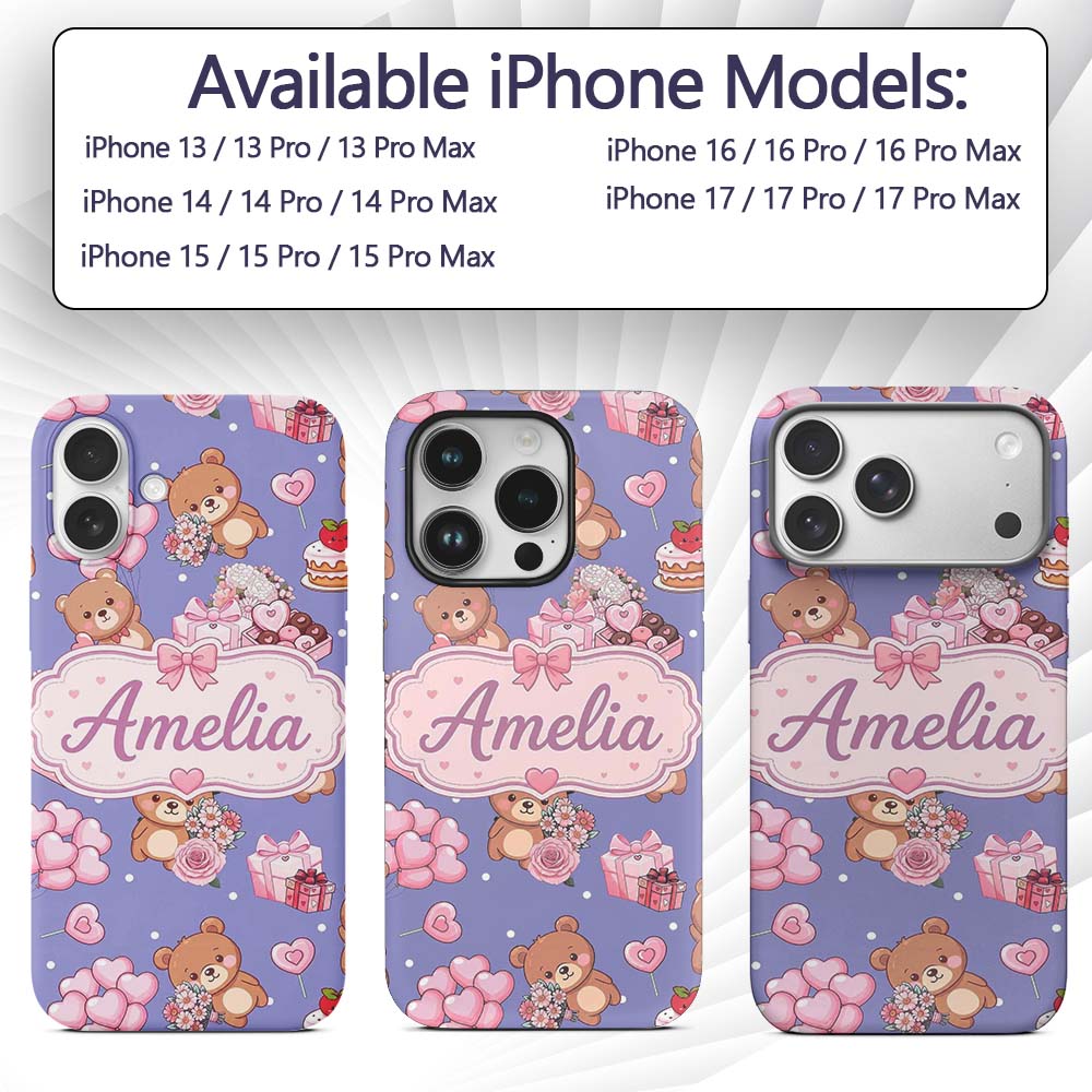 Cute Teddy Bears Hearts Balloons Gifts Purple Custom Name Protective Phone Case Mobile Cover Durable Everyday Smartphone Shock Resistant