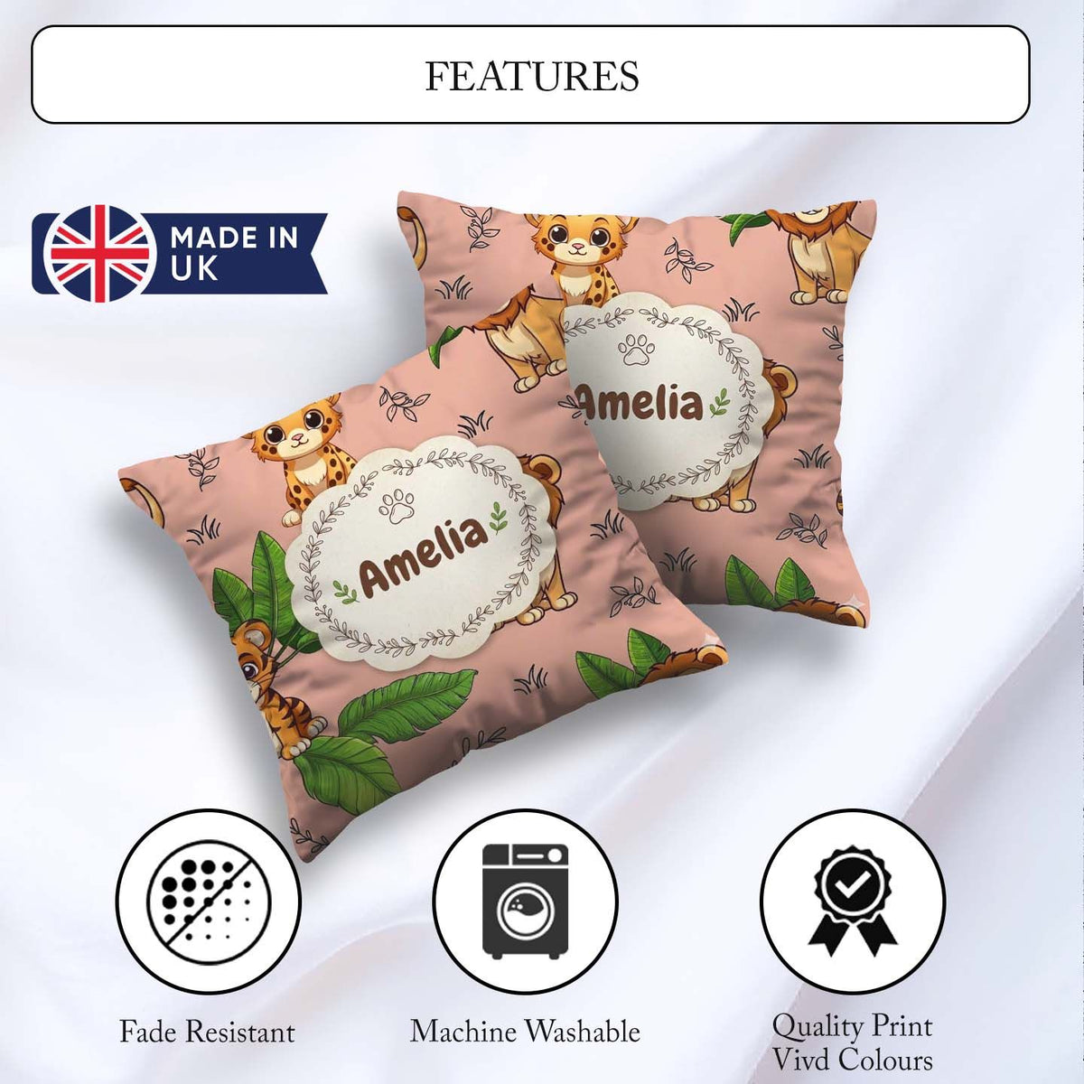 Custom Name Jungle Animals Lion Leopard Tropical Leaves Seamless Square Filled Cushion Throw Pillow Sofa Bed Home Decor Zip Washable UK Made
