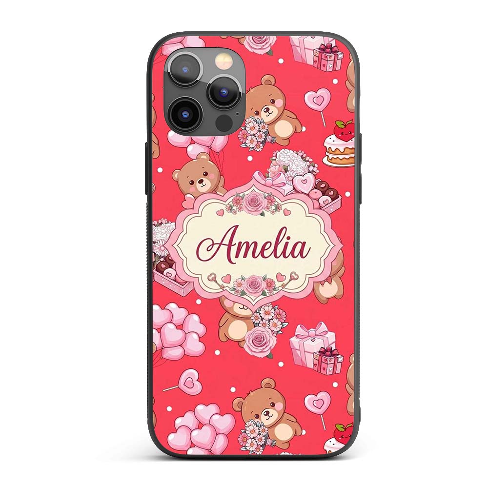 Cute Teddy Bears Hearts Balloons Printed Design Custom Name Protective Phone Case Mobile Cover Durable Everyday Smartphone Shock Resistant