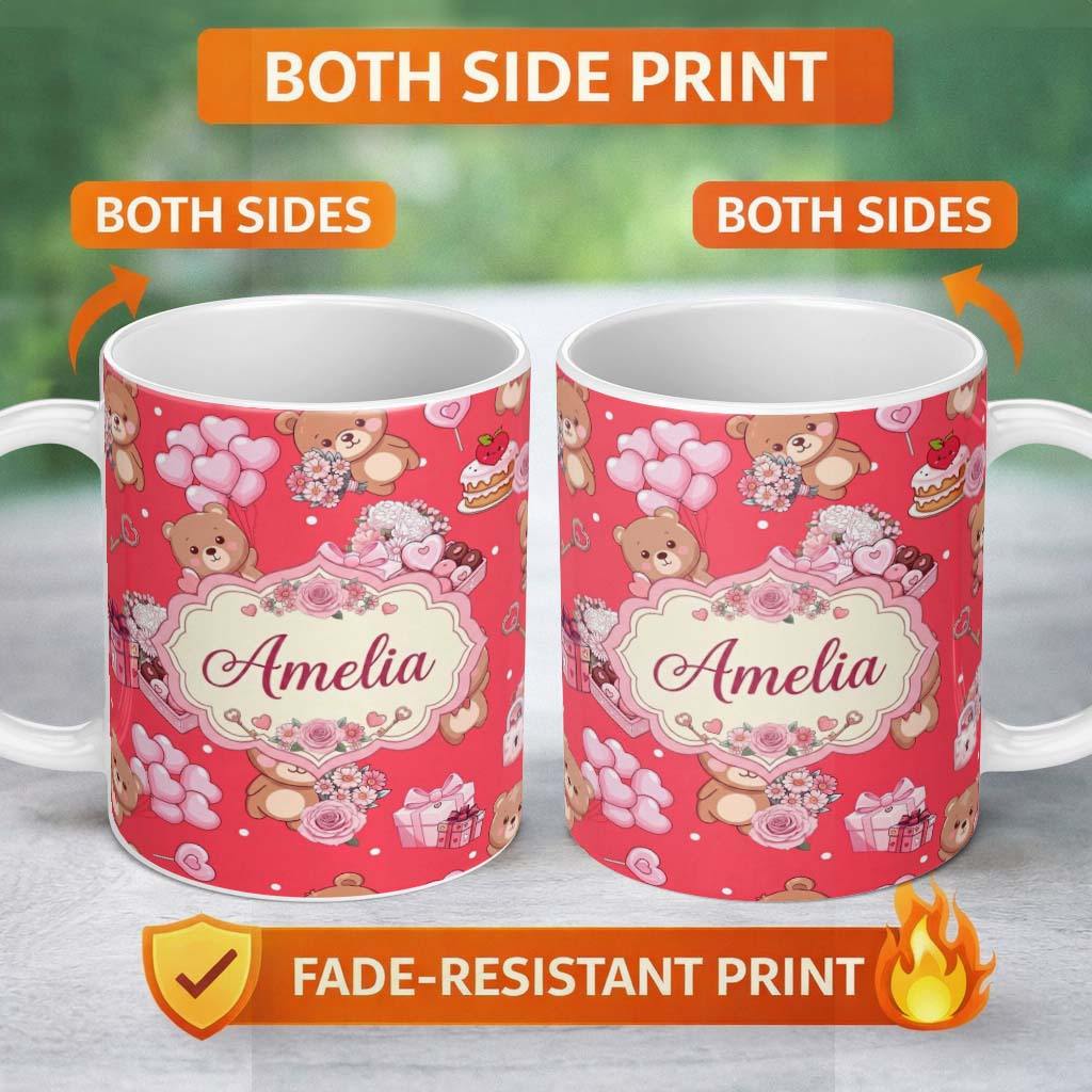 Personalized Custom Name Cute Teddy Bears Hearts Balloons Gifts Red Background Seamless 11oz Ceramic Coffee Tea Mug White Large Handle