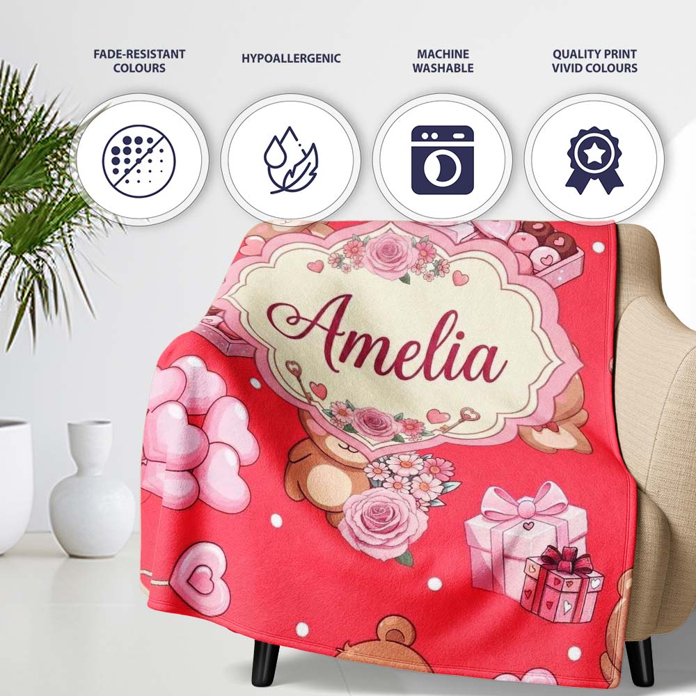 Cute Teddy Bears Hearts Balloons Gifts Red Background Seamless Personalised Custom Name Super Soft Fleece Blanket Bed Sofa Throw