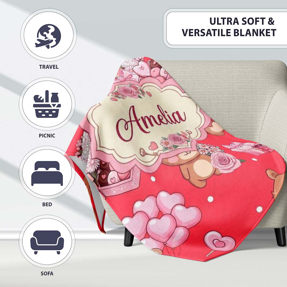 Cute Teddy Bears Hearts Balloons Gifts Red Background Seamless Personalised Custom Name Super Soft Fleece Blanket Bed Sofa Throw