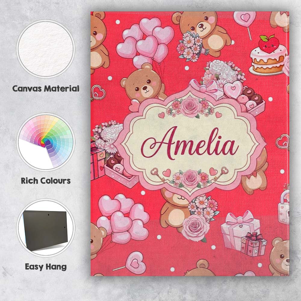 Personalised Name Cute Teddy Bears Hearts Custom Unique Gift Idea Elegant Feature Canvas Wall Art Print Decor Picture Ready to Hang