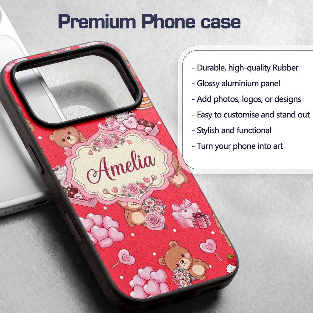 Cute Teddy Bears Hearts Balloons Printed Design Custom Name Protective Phone Case Mobile Cover Durable Everyday Smartphone Shock Resistant