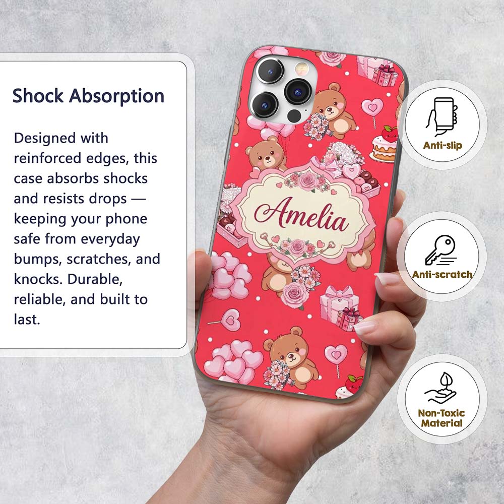 Cute Teddy Bears Hearts Balloons Printed Design Custom Name Protective Phone Case Mobile Cover Durable Everyday Smartphone Shock Resistant