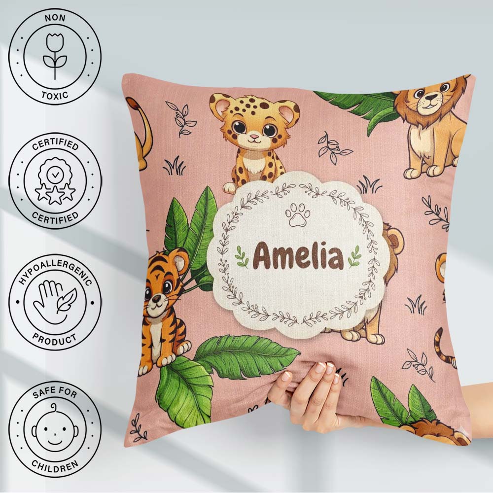 Custom Name Jungle Animals Lion Leopard Tropical Leaves Seamless Square Filled Cushion Throw Pillow Sofa Bed Home Decor Zip Washable UK Made