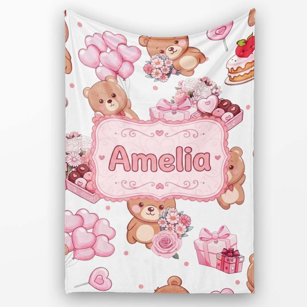 Cute Teddy Bears Hearts Balloons Gifts Grey Background Seamless Personalised Custom Name Super Soft Fleece Blanket Bed Sofa Throw