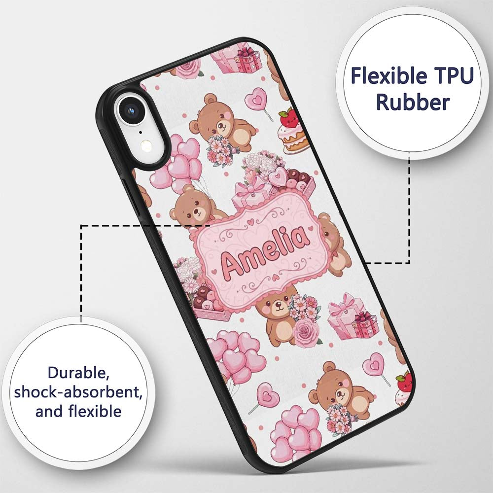 Cute Teddy Bears Hearts Balloons Printed Design Custom Name Protective Phone Case Mobile Cover Durable Everyday Smartphone Shock Resistant