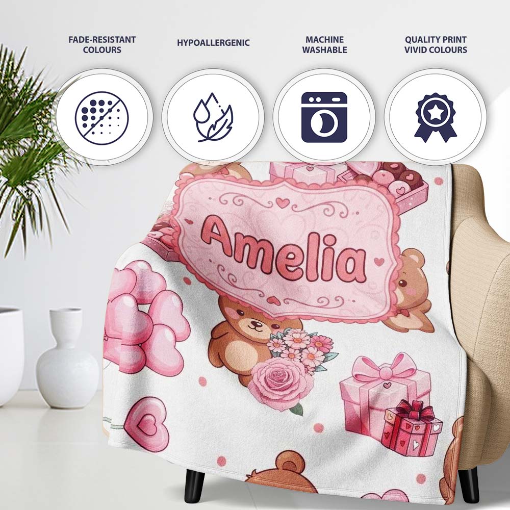 Cute Teddy Bears Hearts Balloons Gifts Grey Background Seamless Personalised Custom Name Super Soft Fleece Blanket Bed Sofa Throw