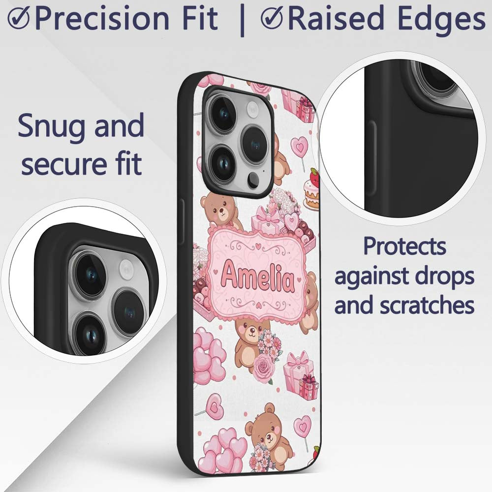 Cute Teddy Bears Hearts Balloons Printed Design Custom Name Protective Phone Case Mobile Cover Durable Everyday Smartphone Shock Resistant