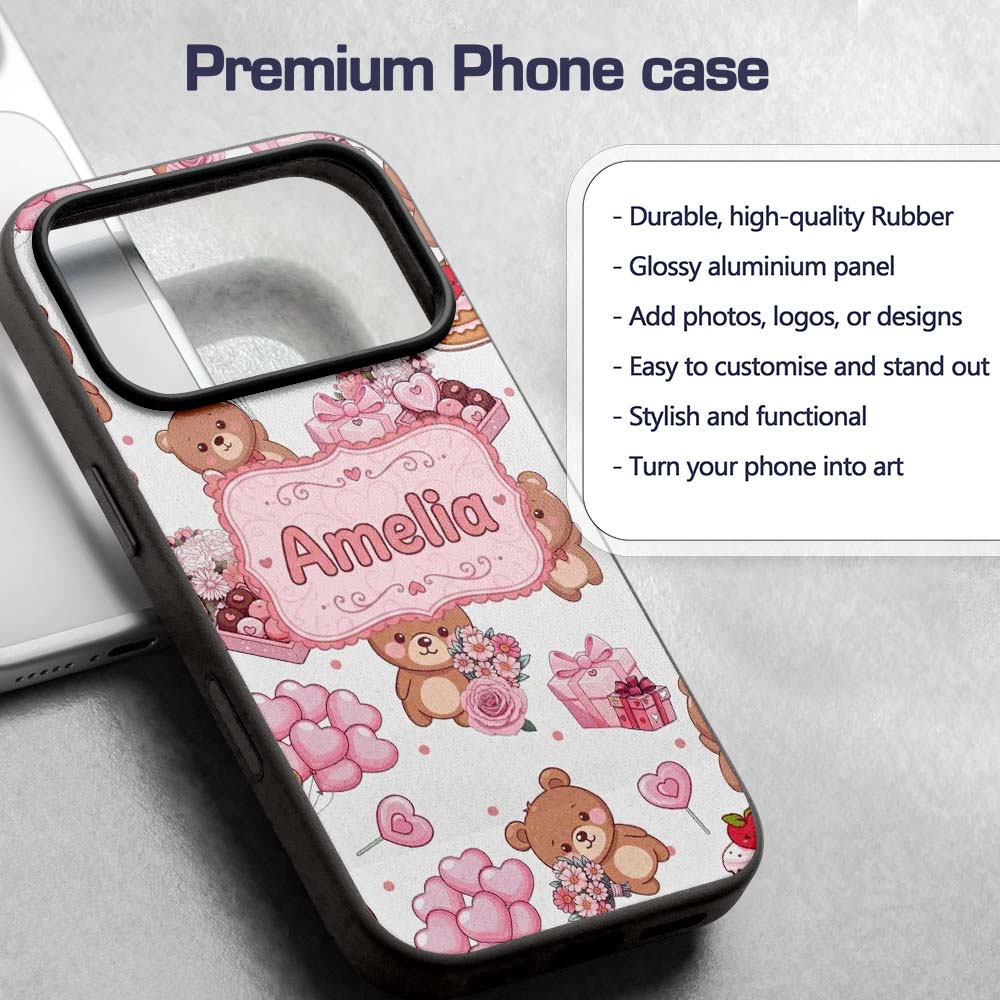 Cute Teddy Bears Hearts Balloons Printed Design Custom Name Protective Phone Case Mobile Cover Durable Everyday Smartphone Shock Resistant