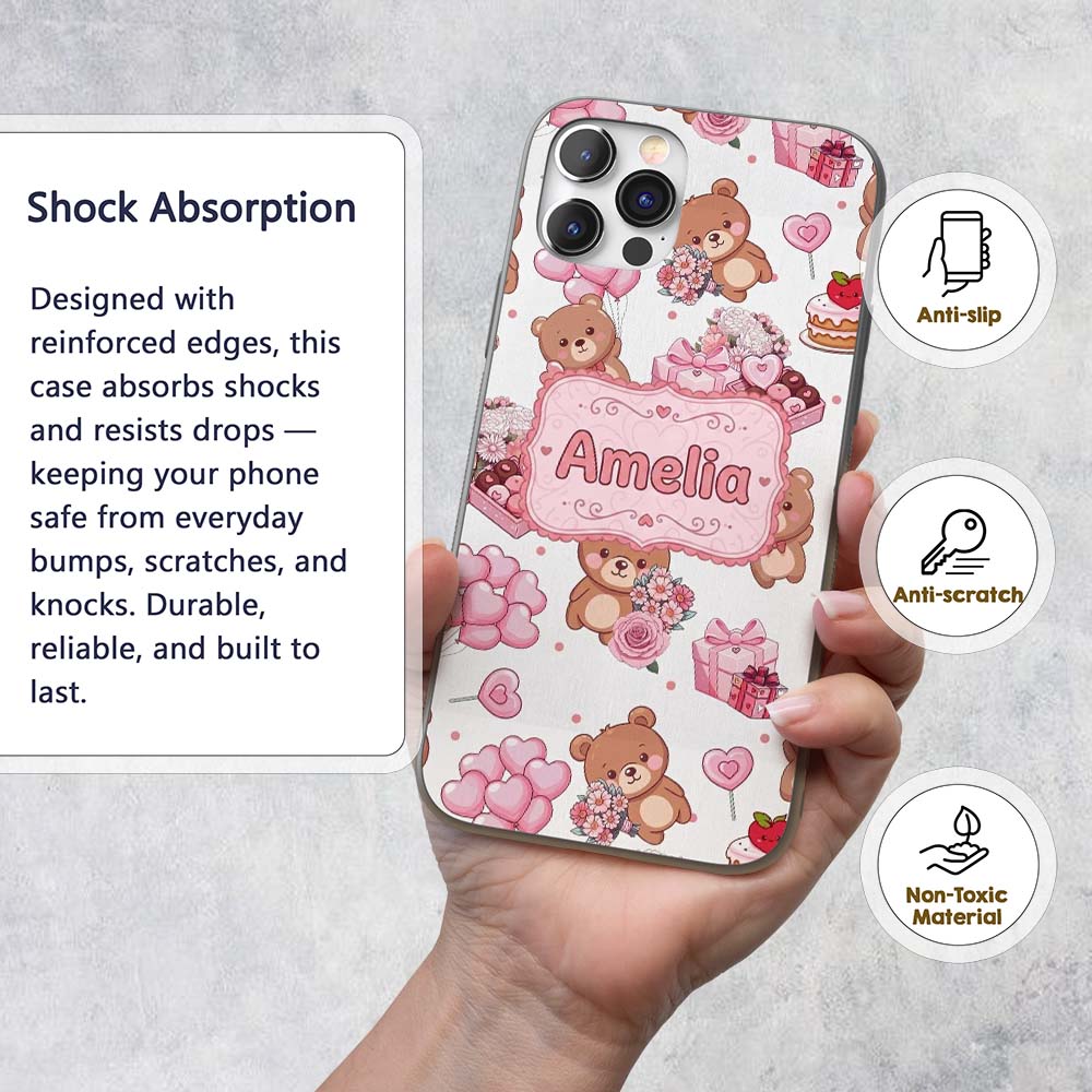 Cute Teddy Bears Hearts Balloons Printed Design Custom Name Protective Phone Case Mobile Cover Durable Everyday Smartphone Shock Resistant