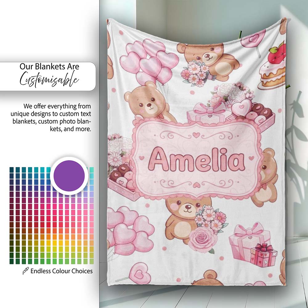 Cute Teddy Bears Hearts Balloons Gifts Grey Background Seamless Personalised Custom Name Super Soft Fleece Blanket Bed Sofa Throw