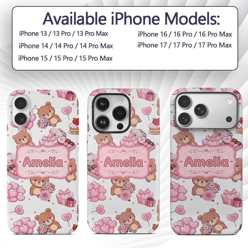 Cute Teddy Bears Hearts Balloons Printed Design Custom Name Protective Phone Case Mobile Cover Durable Everyday Smartphone Shock Resistant
