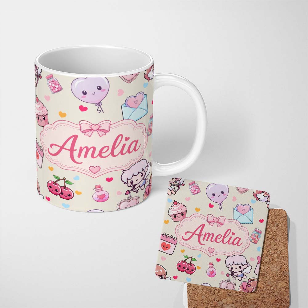 Personalized Custom Name Cute Cupid Angels Hearts Sweets Love Theme Seamless Pattern Name 11oz Ceramic Coffee Tea Mug White Large Handle