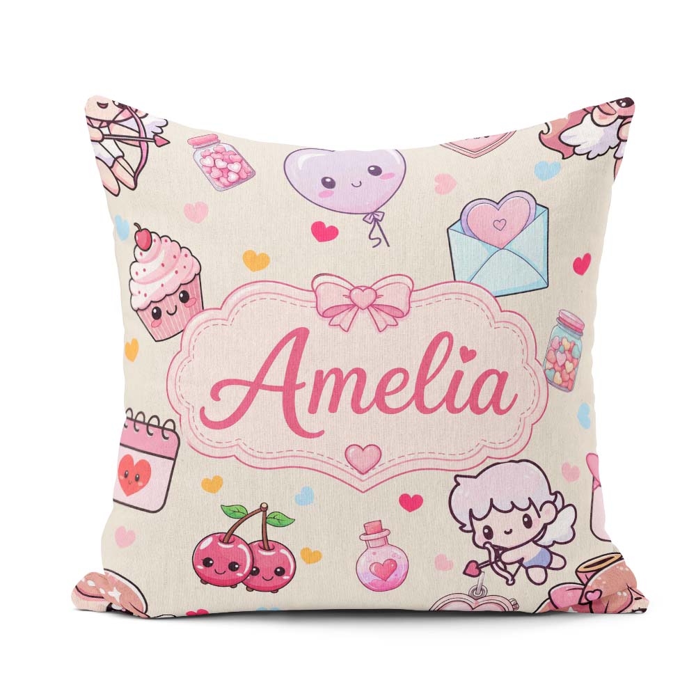 Custom Name Cute Cupid Angels Hearts Theme Seamless Pattern Name Square Filled Cushion Throw Pillow Sofa Bed Home Decor Zip Washable UK Made