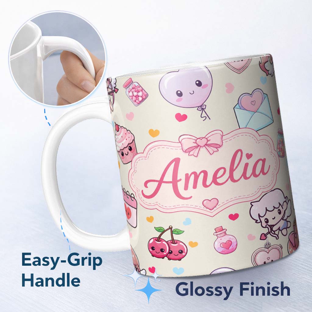 Personalized Custom Name Cute Cupid Angels Hearts Sweets Love Theme Seamless Pattern Name 11oz Ceramic Coffee Tea Mug White Large Handle