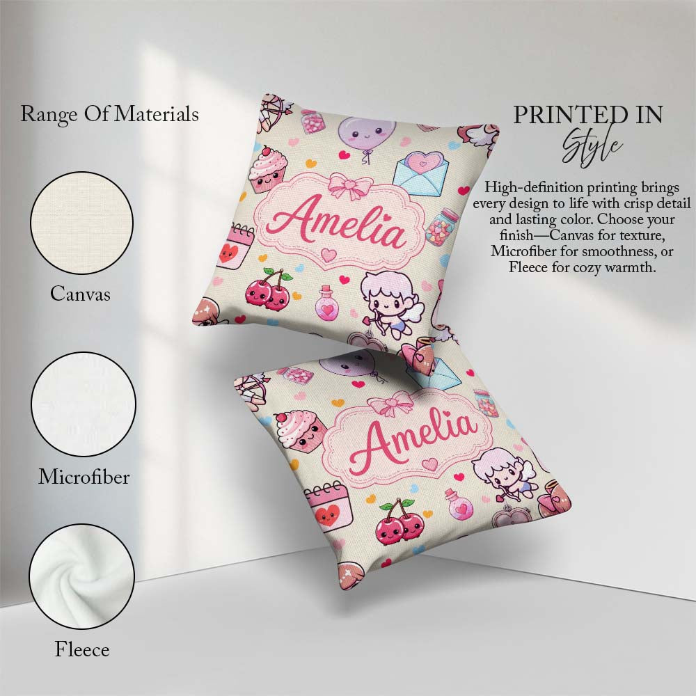 Custom Name Cute Cupid Angels Hearts Theme Seamless Pattern Name Square Filled Cushion Throw Pillow Sofa Bed Home Decor Zip Washable UK Made
