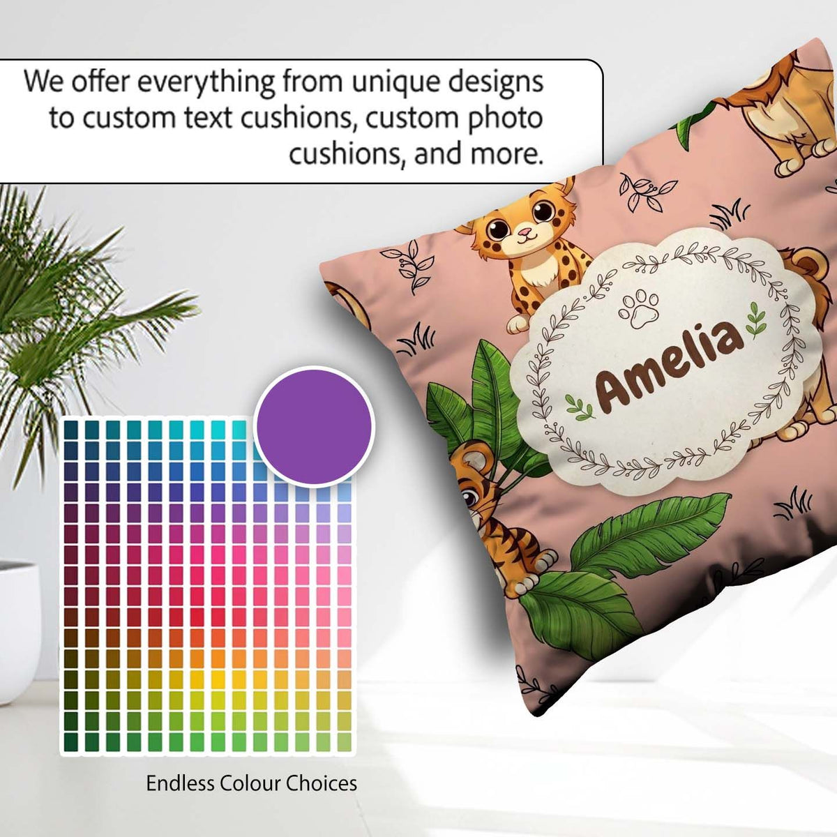Custom Name Jungle Animals Lion Leopard Tropical Leaves Seamless Square Filled Cushion Throw Pillow Sofa Bed Home Decor Zip Washable UK Made