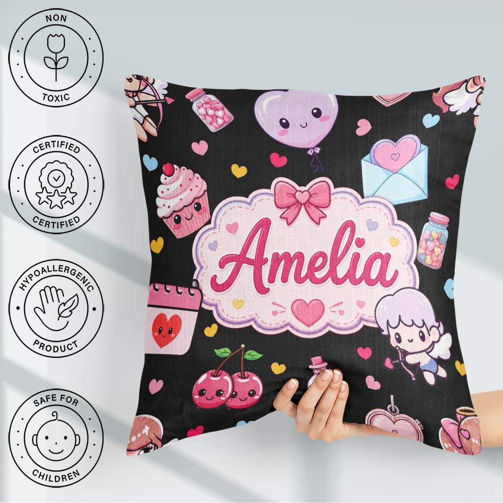 Custom Name Cupid Angels Hearts Sweets Black Background Seamless Square Filled Cushion Throw Pillow Sofa Bed Home Decor Zip Washable UK Made