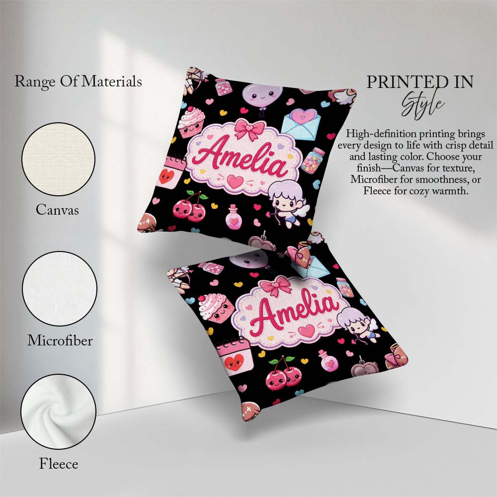Custom Name Cupid Angels Hearts Sweets Black Background Seamless Square Filled Cushion Throw Pillow Sofa Bed Home Decor Zip Washable UK Made