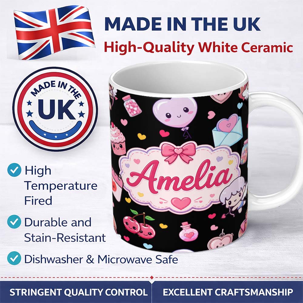 Personalized Custom Name Cute Cupid Angels Hearts Sweets Black Background Seamless Pattern 11oz Ceramic Coffee Tea Mug White Large Handle