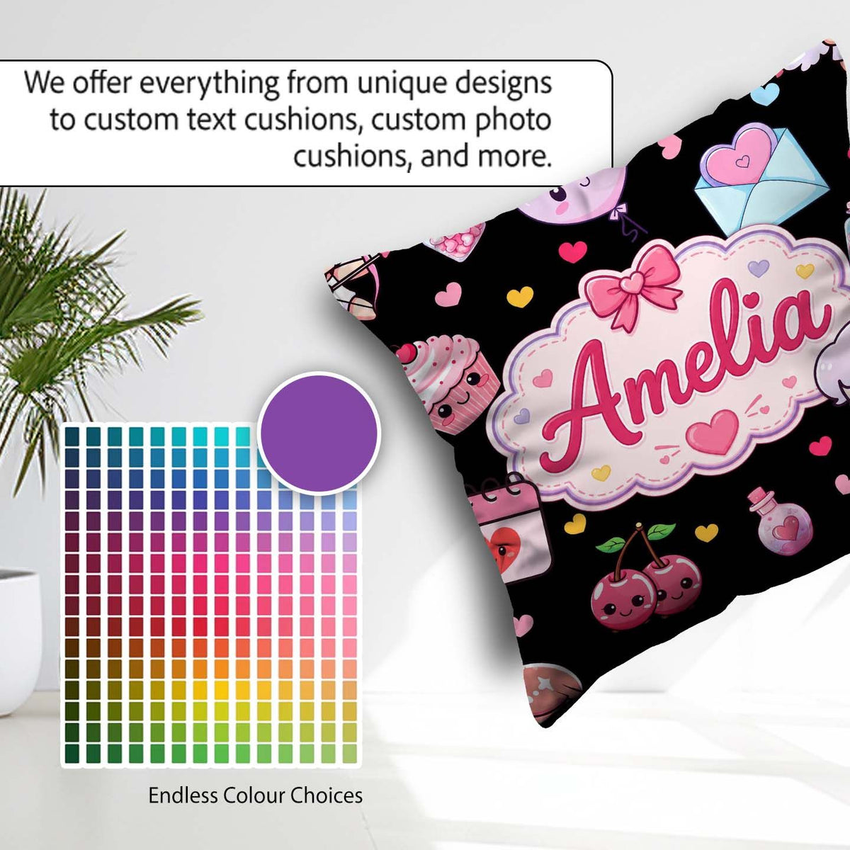 Custom Name Cupid Angels Hearts Sweets Black Background Seamless Square Filled Cushion Throw Pillow Sofa Bed Home Decor Zip Washable UK Made