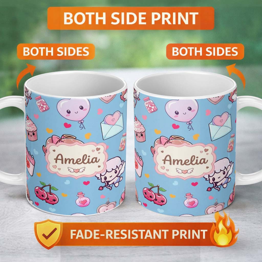 Personalized Custom Name Cute Cupid Angels Hearts Sweets Blue Background Seamless Pattern 11oz Ceramic Coffee Tea Mug White Large Handle