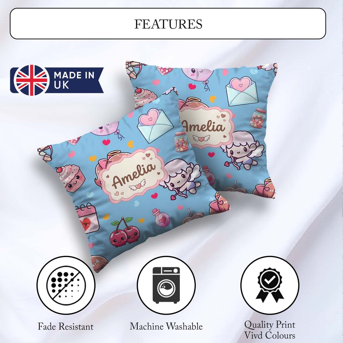 Custom Name Cupid Angels Hearts Blue Background Seamless Pattern Square Filled Cushion Throw Pillow Sofa Bed Home Decor Zip Washable UK Made