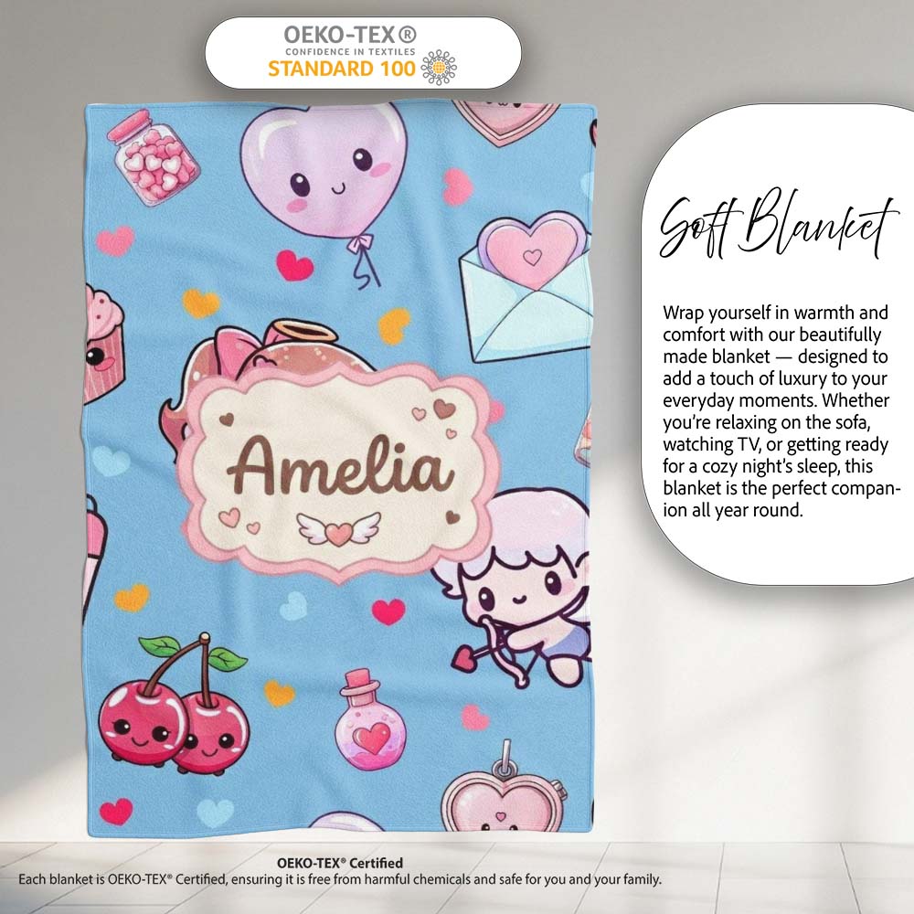 Cute Cupid Angels Hearts Sweets Blue Background Seamless Pattern Personalised Custom Name Super Soft Fleece Blanket Bed Sofa Throw
