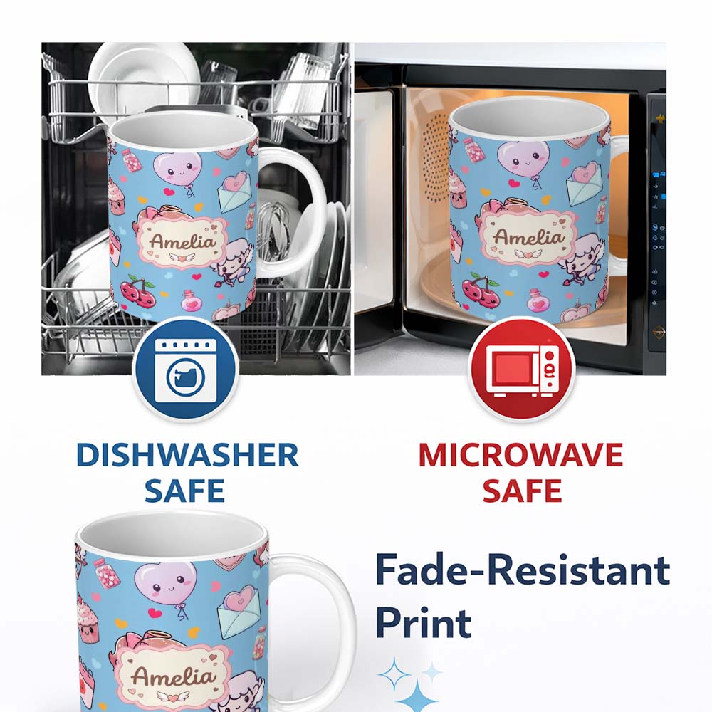 Personalized Custom Name Cute Cupid Angels Hearts Sweets Blue Background Seamless Pattern 11oz Ceramic Coffee Tea Mug White Large Handle