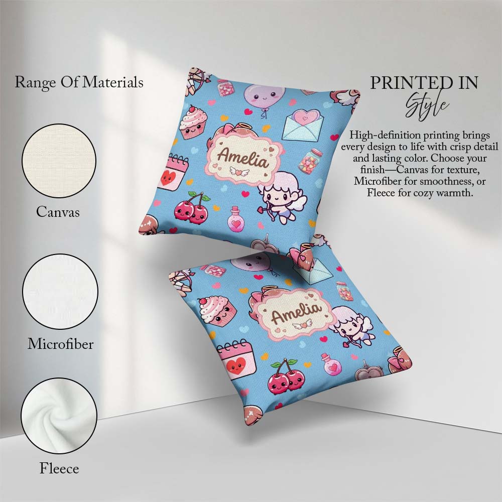 Custom Name Cupid Angels Hearts Blue Background Seamless Pattern Square Filled Cushion Throw Pillow Sofa Bed Home Decor Zip Washable UK Made