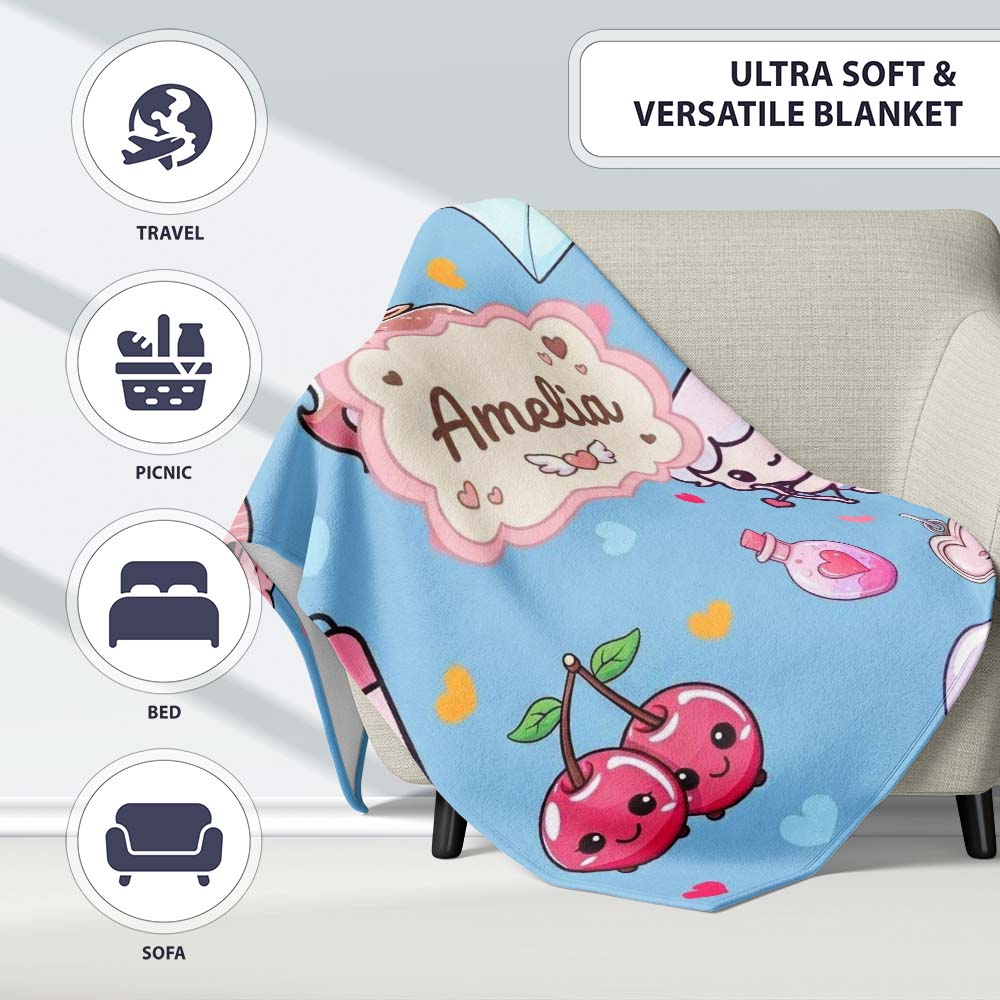 Cute Cupid Angels Hearts Sweets Blue Background Seamless Pattern Personalised Custom Name Super Soft Fleece Blanket Bed Sofa Throw